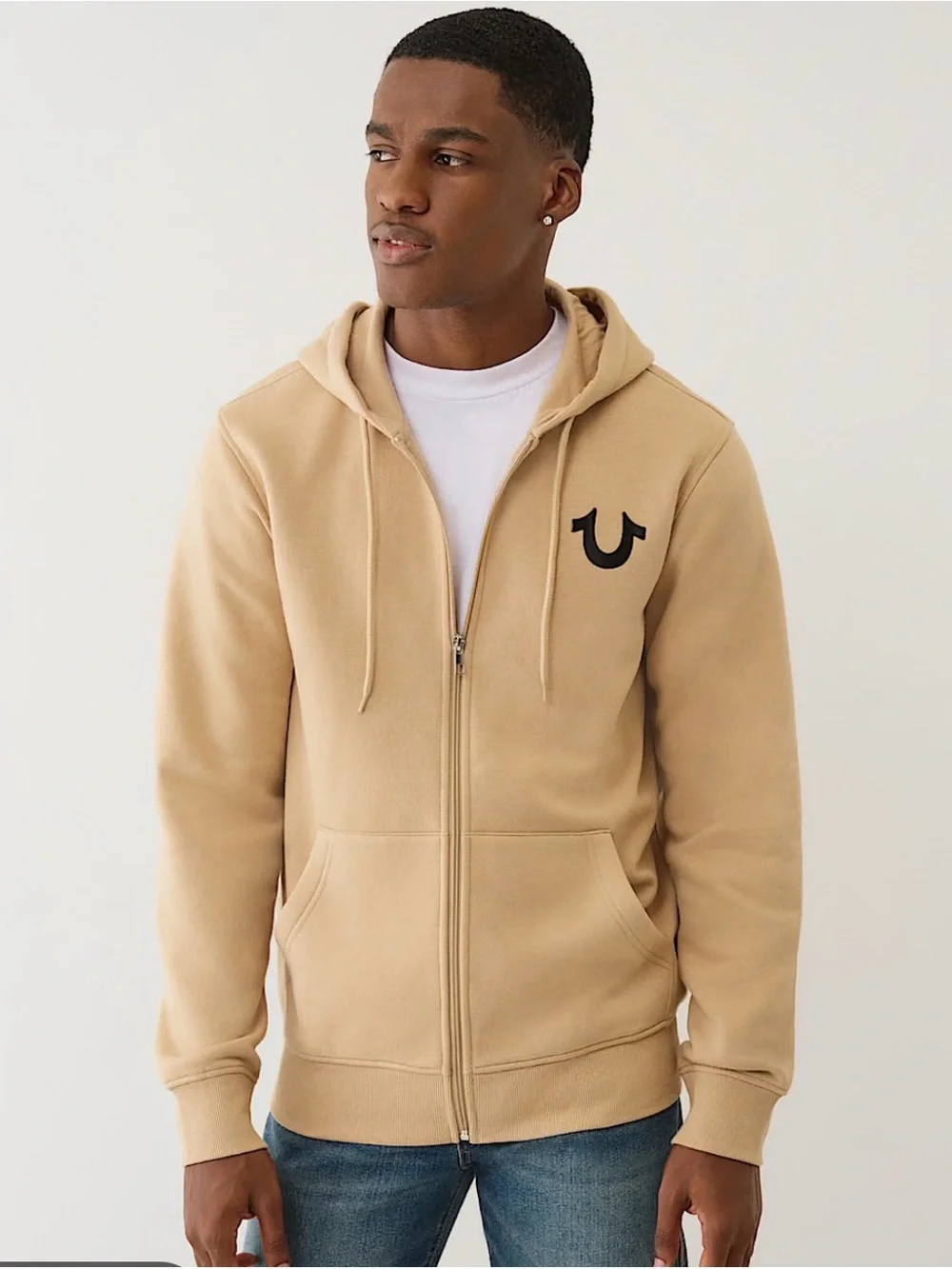 True Religion Men’s Buddha Seal Zip Hoodie XL Beige Tan Horseshoe Logo NWT
